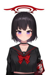 Rule 34 | 1girl, absurdres, armband, black choker, black hair, black sailor collar, black shirt, blue archive, blush, bow, bowtie, choker, closed mouth, crop top, halo, highres, looking at viewer, mashiro (blue archive), purple eyes, red bow, red bowtie, sailor collar, sbbs, school uniform, serafuku, shirt, short hair, simple background, solo, straight-on, sweat, upper body, white background, winged halo