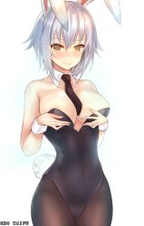 Rule 34 | 1girl, animal ears, areola slip, artist name, bare shoulders, battle bunny riven, between breasts, black leotard, black pantyhose, blush, breast hold, breasts, covered navel, detached collar, ero waifu, fake animal ears, large breasts, league of legends, leotard, looking at viewer, necktie, necktie between breasts, nose blush, pantyhose, playboy bunny, rabbit ears, rabbit girl, rabbit tail, riven (league of legends), short hair, silver hair, solo, strapless, strapless leotard, tail, yellow eyes