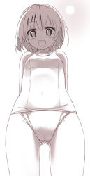 Rule 34 | 1girl, :d, bad id, bad pixiv id, blush, cameltoe, cleft of venus, collarbone, flat chest, from below, monochrome, one-piece swimsuit, open mouth, original, sawada yuusuke, school swimsuit, short hair, smile, solo, swimsuit