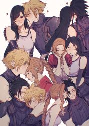 Rule 34 | 2boys, 2girls, aerith gainsborough, arm around neck, armor, bare arms, bare shoulders, black bra, black gloves, black hair, black skirt, blonde hair, blue shirt, blush, bra, braid, braided ponytail, breasts, brown hair, cleavage, closed eyes, cloud strife, crisis core final fantasy vii, crop top, dress, elbow gloves, final fantasy, final fantasy vii, final fantasy vii remake, gloves, grin, hair between eyes, hair ribbon, hair slicked back, hand on another&#039;s back, hand on another&#039;s shoulder, hands on own cheeks, hands on own face, heart, highres, jacket, kiss, kissing cheek, kissing hair, large breasts, long hair, low-tied long hair, medium breasts, medium hair, midriff, multiple boys, multiple girls, multiple views, one eye closed, parted bangs, pink dress, pink ribbon, puffy short sleeves, puffy sleeves, red eyes, red jacket, ribbon, sera (serappi), shirt, short hair, short sleeves, shoulder armor, sidelocks, skirt, sleeveless, sleeveless turtleneck, smile, spiked hair, sports bra, suspenders, teeth, tifa lockhart, turtleneck, underwear, upper body, white background, white dress, white shirt, yaoi, yuri, zack fair