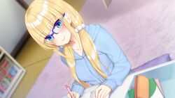 Rule 34 | 1girl, blonde hair, blue eyes, blurry, blurry background, blush, book, breasts, carpet, cushion, embarrassed, female focus, game cg, glasses, go-1, highres, homemaid sweet pea, housen shiori, indoors, long hair, looking at viewer, low twintails, medium breasts, original, sitting, smile, solo, table, twintails, writing