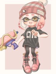 Rule 34 | 1girl, :d, beanie, black leggings, black shirt, boots, border, commentary request, cross-laced footwear, eyelashes, fang, full body, gun, hat, highres, holding, holding gun, holding weapon, inkling, inkling girl, inkling player character, leggings, lemo (lemo 4), looking at viewer, medium hair, nintendo, open mouth, outside border, plaid headwear, print shirt, red background, red footwear, red hair, red hat, shirt, simple background, smile, solo, splatoon (series), splatoon 3, splattershot (splatoon), standing, star-shaped pupils, star (symbol), symbol-shaped pupils, tentacle hair, thick eyebrows, weapon, white border, yellow eyes