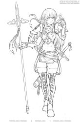Rule 34 | 1girl, bird, bird on hand, boots, fire emblem, fire emblem: shadow dragon, fire emblem heroes, full body, gofelem, greyscale, headband, holding, holding lance, holding polearm, holding weapon, holstered, lance, lineart, long hair, looking to the side, monochrome, nintendo, palla (fire emblem), patreon username, polearm, sketch, solo, sword, thigh boots, thighhighs, twitter username, weapon, white background, zettai ryouiki
