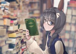Rule 34 | 1girl, :c, animal ears, black-framed eyewear, black hair, blue eyes, blue sweater, blunt bangs, blurry, blurry background, book, book stack, braid, collared shirt, commentary request, depth of field, french braid, from side, glasses, hair ornament, highres, holding, holding book, horse ears, ikanoshiokara, light frown, long hair, long sleeves, looking at viewer, looking to the side, pile of books, puffy long sleeves, puffy sleeves, shirt, signature, sleeveless, sleeveless sweater, solo, sweater, sweater vest, turtleneck, umamusume, upper body, white shirt, zenno rob roy (umamusume)