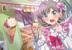 Rule 34 | :3, absurdres, al aoi aoba, blue eyes, blue nails, blush, bow, cream, cream on face, crepe, dress, food, food on face, frilled dress, frilled hairband, frills, grey hair, hairband, highres, love live!, love live! superstar!!, nail polish, open mouth, pointing, pointing at self, road, short hair, solo, street, tang keke, teeth