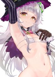 Rule 34 | 1girl, absurdres, arm up, armpits, bikini, black capelet, capelet, closed mouth, detached sleeves, ear due, eyepatch bikini, gloves, hat, hexagram hair ornament, highres, hololive, long hair, multicolored eyes, murasaki shion, murasaki shion (1st costume), silver hair, simple background, smile, smug, solo, stomach, striped sleeves, swimsuit, upper body, virtual youtuber, white background, witch hat