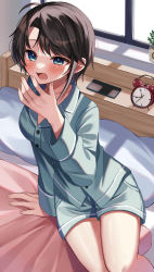 Rule 34 | 1girl, absurdres, alarm clock, blue eyes, blue shirt, blue shorts, blush, breasts, brown hair, cellphone, clock, collared shirt, commentary request, highres, hololive, indoors, long sleeves, looking away, medium breasts, moonbell, on bed, oozora subaru, open mouth, pajamas, phone, shirt, short hair, shorts, sitting, smartphone, solo, tearing up, virtual youtuber, window, yawning