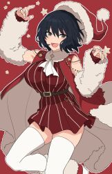 Rule 34 | 1girl, :d, absurdres, arm warmers, ascot, bad link, belt, black hair, boots, chorefuji, commentary request, dress, fur-trimmed boots, fur trim, happy, hat, highres, jewelry, medium hair, open mouth, original, outline, red background, red dress, red footwear, red hat, ring, santa hat, sleeveless, smile, solo, star (symbol), thighhighs, tongue, white ascot, white thighhighs