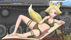 Rule 34 | 1girl, absurdres, animal ears, bikini, blonde hair, blush, breasts, brown eyes, cameltoe, cleavage, collarbone, dated, erwin (girls und panzer), eyebrows hidden by hair, fox ears, fox tail, girls und panzer, green bikini, green shorts, highres, large breasts, looking at viewer, lying, micro shorts, military, military vehicle, motor vehicle, navel, on side, one eye closed, outdoors, shiny skin, short hair, shorts, sky, smile, solo, swimsuit, tail, tank