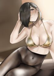 Rule 34 | 1girl, absurdres, arched back, arm support, bikini, bikini top only, black eyes, black hair, black pantyhose, blonde hair, blurry, breasts, cleavage, closed mouth, collarbone, colored inner hair, commentary, covered navel, english commentary, gold bikini, hair behind ear, hair over one eye, halterneck, hand in own hair, high-waist pantyhose, highres, indoors, large breasts, looking at viewer, loose hair strand, mole, mole on breast, mole under mouth, multicolored hair, multiple moles, no panties, original, pantyhose, pupi (rain prophet), short hair, smile, solo, swimsuit