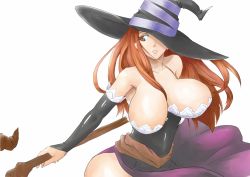 Rule 34 | 1girl, bare shoulders, bouncing breasts, breasts, brown eyes, brown hair, cleavage, curvy, detached sleeves, dragon&#039;s crown, dress, hat, hat over one eye, huge breasts, long hair, long skirt, matching hair/eyes, namakemono (u446644k), one eye covered, orange eyes, orange hair, side slit, simple background, skirt, solo, sorceress (dragon&#039;s crown), staff, standing, strapless, strapless dress, vanillaware, witch, witch hat