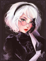 Rule 34 | 1girl, 2b (nier:automata), android, bespectacled, black dress, black gloves, black hairband, blue eyes, blush, border, brown background, commentary, dark background, dress, english commentary, eyelashes, eyewear strap, glasses, glint, gloves, grey-framed eyewear, grey border, hairband, hand on own head, helena sau, highres, inset border, lipstick, looking at viewer, looking over eyewear, makeup, mole, mole under mouth, nier:automata, nier (series), no blindfold, ornate border, parted lips, pink-tinted eyewear, red lips, short hair, signature, solo, tinted eyewear, turtleneck, upper body, white hair