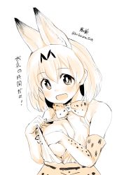 Rule 34 | !, 10s, 1girl, :d, animal ears, artist name, bare shoulders, blush, bow, bowtie, breasts, cleavage, covering privates, covering breasts, elbow gloves, gloves, highres, kemono friends, kirikirimai (kkm), large breasts, looking at viewer, monochrome, no bra, open mouth, serval (kemono friends), serval print, short hair, sleeveless, smile, solo, text focus, upper body