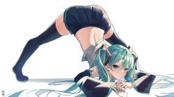 Rule 34 | 1girl, absurdres, aqua eyes, aqua hair, aqua nails, arm support, back, bare shoulders, black footwear, black skirt, blush, boots, closed mouth, detached sleeves, full body, grey shirt, hatsune miku, highres, jack-o&#039; challenge, long hair, long sleeves, may.l, miniskirt, nail polish, pleated skirt, shirt, simple background, skirt, smile, solo, thigh boots, thighhighs, top-down bottom-up, twintails, very long hair, vocaloid, white background, zettai ryouiki