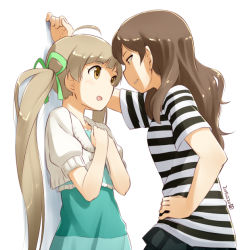 Rule 34 | 10s, 2015, 2girls, against wall, brown eyes, brown hair, dated, dress, eye contact, hair ribbon, hakozaki serika, hand on own hip, hands on own chest, idolmaster, idolmaster million live!, kabedon, kitazawa shiho, long hair, looking at another, multiple girls, nagian, open mouth, ribbon, shirt, simple background, skirt, smile, striped clothes, striped shirt, twintails, very long hair, white background, yellow eyes