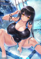 Rule 34 | armpits, arms behind back, black hair, breasts, cleavage, competition swimsuit, hand up, highres, huge breasts, large breasts, long hair, one-piece swimsuit, open mouth, original, pool, puffy nipples, pussy, school swimsuit, solo, spread legs, sunlight, swimsuit, teeth, tube, unohana pochiko, very long hair, water, water drop, yellow eyes