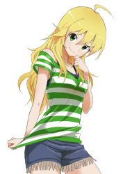 Rule 34 | 1girl, absurdres, arm behind back, bare shoulders, black bra, blonde hair, bra, cowboy shot, frilled shorts, frills, green eyes, highres, hoshii miki, idolmaster, idolmaster (classic), looking at viewer, looking down, shirt, shorts, solo, striped clothes, striped shirt, underwear, white background, yamamoto souichirou