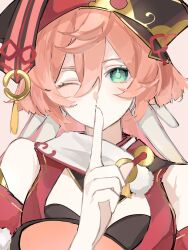 Rule 34 | 1girl, 7go t, antlers, bare shoulders, deer antlers, finger to mouth, genshin impact, green eyes, hair between eyes, hat, highres, horns, index finger raised, long hair, looking at viewer, one eye closed, pink background, pink hair, red hat, shushing, simple background, solo, upper body, yanfei (genshin impact)