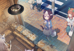 Rule 34 | 6+girls, :d, animal ears, bag, baguette, black legwear, blue jacket, blue skirt, blush, bow, braid, bread, brown footwear, brown hair, ceiling light, closed mouth, collared dress, commentary request, cup, day, disposable cup, dress, drinking, drinking straw, ear bow, food, grey hair, hair between eyes, hair ornament, hairclip, highres, holding, holding bag, holding cup, horse ears, horse girl, horse tail, jacket, mejiro mcqueen (umamusume), mihono bourbon (umamusume), multicolored hair, multiple girls, nishi yasuaki, oguri cap (umamusume), open clothes, open jacket, open mouth, pantyhose, plastic bag, pleated skirt, pole, purple bow, purple eyes, rice shower (umamusume), road, shirt, shoes, short sleeves, silence suzuka (umamusume), skirt, smile, socks, special week (umamusume), street, sweat, tail, tongs, two-tone hair, umamusume, walking, white dress, white footwear, white hair, white jacket, white legwear, white shirt, yellow footwear