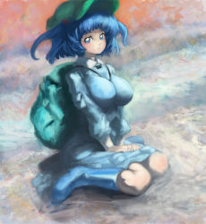 Rule 34 | 1girl, backpack, bag, binayu, blue eyes, blue footwear, blue hair, boots, breasts, female focus, hat, huge breasts, kawashiro nitori, large breasts, matching hair/eyes, own hands together, short hair, sitting, solo, touhou, two side up, wariza