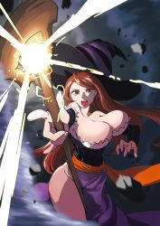 Rule 34 | 1girl, absurdres, bouncing breasts, breasts, brown eyes, brown hair, cleavage, dragon&#039;s crown, hat, highres, kaetsai, large breasts, long hair, looking at viewer, open mouth, solo, sorceress (dragon&#039;s crown)