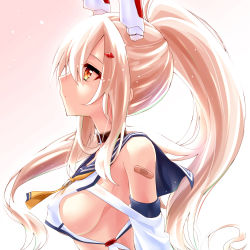 Rule 34 | ayanami (azur lane), azur lane, bandaid, bandaid on shoulder, bare shoulders, blonde hair, blue sailor collar, breasts, closed mouth, collar, commentary request, crop top, from side, gradient background, hair between eyes, headgear, long hair, medium breasts, orange eyes, pink background, profile, sailor collar, sideboob, sidelocks, solo, upper body, watarui