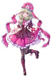 Rule 34 | 1girl, arm ribbon, boots, bow, brown footwear, cross-laced footwear, dress, frilled dress, frilled ribbon, frilled sleeves, frills, full body, green eyes, green hair, hair bow, hair ribbon, kagiyama hina, lifting own clothes, looking at viewer, miy 001, puffy short sleeves, puffy sleeves, red bow, red ribbon, ribbon, short sleeves, simple background, smile, solo, standing, standing on one leg, touhou, white background