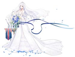 1girl alternate_costume azur_lane bare_shoulders belfast_(azur_lane) belfast_(the_pledge_of_claddagh)_(azur_lane) belfast_(the_pledge_of_claddagh)_(azur_lane) blue_eyes blue_ribbon blush bouquet breasts bridal_veil cleavage closed_mouth collarbone dress female_focus flower full_body highres holding holding_bouquet kisetsu large_breasts looking_at_viewer official_art ribbon smile solo tiara translation_request transparent_background veil wedding_dress white_dress white_hair