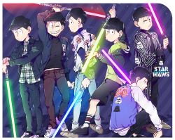 Rule 34 | 10s, 6+boys, :&lt;, :3, ;), ;3, black hair, blue background, blue lightsaber, brothers, casual, denim, double-blade, energy sword, green lightsaber, holding lightsaber, jacket, jeans, letterman jacket, lightsaber, looking at viewer, looking back, male focus, matsuno choromatsu, matsuno ichimatsu, matsuno jyushimatsu, matsuno karamatsu, matsuno osomatsu, matsuno todomatsu, multiple boys, off shoulder, one eye closed, orionwo, osomatsu-kun, osomatsu-san, osomatsu (series), pants, plaid, plaid shirt, purple lightsaber, red lightsaber, sextuplets, shirt, siblings, simple background, sitting, smile, star wars, striped, striped background, sword, weapon, yellow lightsaber