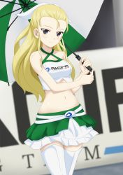 Rule 34 | 1girl, alternate costume, assam (girls und panzer), blonde hair, blue eyes, blurry, blurry background, blush, boots, closed mouth, commentary, cowboy shot, criss-cross halter, crop top, depth of field, flatfield, frilled skirt, frills, girls und panzer, green skirt, hair pulled back, hair ribbon, halterneck, highres, holding, holding umbrella, layered skirt, light blush, logo, long hair, looking at viewer, miniskirt, navel, pacific racing team, race queen, ribbon, shirt, skirt, smile, solo, standing, thigh boots, thighhighs, umbrella, white footwear, white ribbon, white shirt