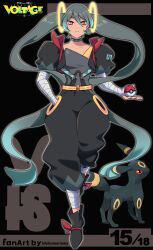 Rule 34 | 1girl, arm wrap, black footwear, black pants, choker, closed mouth, collarbone, commentary, copyright name, creatures (company), crossover, eyelashes, footwear ribbon, game freak, gen 2 pokemon, grey hair, hand in pocket, hatsune miku, highres, hikikomoriamy, holding, holding poke ball, long hair, looking at viewer, nintendo, orange eyes, pants, poke ball, poke ball (basic), pokemon, pokemon (creature), project voltage, shoes, standing, twintails, umbreon, very long hair, vocaloid