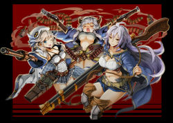 Rule 34 | &gt; &lt;, 10s, 3girls, ahoge, ammunition, bandolier, blonde hair, blue eyes, blush, braid, breasts, brown legwear, bullet, cape, cleavage, cockadooodledoo, cowboy shot, crop top, cucouroux (granblue fantasy), draph, closed eyes, granblue fantasy, gun, hair between eyes, handgun, highres, holding, holding weapon, horns, kumuyu, large breasts, light smile, long hair, looking at viewer, low twintails, midriff, miniskirt, multiple girls, navel, one eye closed, open mouth, outstretched arms, rifle, shirt, siblings, silva (granblue fantasy), silver hair, sisters, skirt, smoke, sniper rifle, thighs, twin braids, twintails, underboob, very long hair, wavy hair, weapon, white shirt