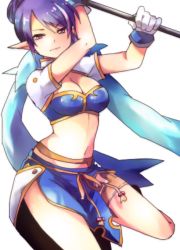 Rule 34 | 00s, 1girl, blue hair, breasts, female focus, gloves, judith (tales), kuzumiya yuyu, long hair, midriff, pointy ears, polearm, simple background, solo, tales of (series), tales of vesperia, weapon, white background