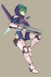 Rule 34 | 1girl, armor, bandaid, bandaid on face, bandaid on nose, energy gun, flying, full body, glasses, grey background, gun, hardsuit, helmet, highres, holding, holding gun, holding weapon, laser rifle, leg up, looking at viewer, nonneim, pouch, power armor, power suit, rifle, rimless eyewear, science fiction, serious, short hair, solo, tessou tsuzuri, thigh pouch, thrusters, toaru majutsu no index, trigger discipline, weapon