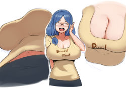 Rule 34 | 10s, 1girl, alternate breast size, arm behind back, blue hair, breasts, cleavage, clothes writing, embarrassed, closed eyes, from above, from below, glasses, highres, kion-kun, large breasts, little witch academia, long hair, midriff peek, multiple views, navel, open mouth, short sleeves, simple background, smile, standing, teeth, upper body, upper teeth only, ursula callistis, white background