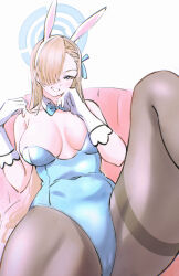 Rule 34 | 1girl, animal ears, asuna (blue archive), asuna (bunny) (blue archive), black pantyhose, blue archive, blue bow, blue eyes, blue halo, blue leotard, blue ribbon, blush, bow, breasts, detached collar, fake animal ears, gloves, grin, hair over one eye, hair ribbon, halo, highres, large breasts, leotard, light brown hair, long hair, looking at viewer, mtoan, official alternate costume, pantyhose, rabbit ears, ribbon, simple background, smile, solo, strapless, strapless leotard, white background, white gloves