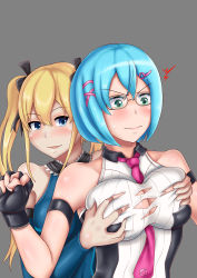 Rule 34 | 2girls, aqua eyes, arm warmers, artist request, bare shoulders, between breasts, blonde hair, blue eyes, blue hair, blush, grabbing another&#039;s breast, breasts, dead or alive, dead or alive 6, deep skin, embarrassed, fingerless gloves, glasses, gloves, grabbing, hair ornament, hair ribbon, hairclip, highres, large breasts, leotard, long hair, marie rose, multiple girls, naughty face, necktie, necktie between breasts, nico (doa), open mouth, ribbon, shiny clothes, shiny skin, short hair, smile, surprised, sweat, torn clothes, twintails, wavy mouth, yuri