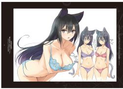 Rule 34 | 1girl, absurdres, animal ear fluff, animal ears, ass, bare shoulders, black hair, bra, breast hold, breasts, butt crack, cat ears, cat tail, cleavage, collarbone, guilty princess, highres, leaning forward, long hair, looking at viewer, medium breasts, multiple views, navel, non-web source, off shoulder, open mouth, panties, scan, simple background, solo, stomach, tail, thighs, tony taka, underwear, underwear only