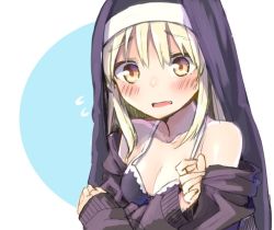 Rule 34 | 1girl, bare shoulders, blonde hair, blush, breasts, cleavage, collarbone, commentary, habit, hood, hoodie, looking at viewer, medium breasts, moti yousei, nijisanji, open mouth, sister claire, sister claire (1st costume), solo, swimsuit, undressing, upper body, virtual youtuber, yellow eyes