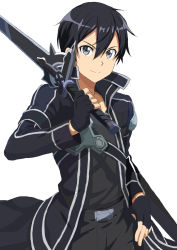 Rule 34 | 1girl, bad id, bad pixiv id, belt, belt buckle, black belt, black coat, black gloves, black hair, black pants, black shirt, buckle, closed mouth, coat, collarbone, fingerless gloves, gloves, grey eyes, hair between eyes, highres, holding, holding sword, holding weapon, kirito, looking at viewer, male focus, open clothes, open coat, pants, shirt, simple background, smile, solo, soukai kirito, standing, sword, sword art online, v-shaped eyebrows, weapon, white background