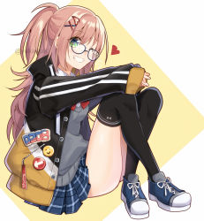 Rule 34 | 1girl, badge, beige background, black jacket, black thighhighs, blue-framed eyewear, blue footwear, blue skirt, blush, breasts, brown hair, button badge, collared shirt, commentary request, glasses, green eyes, grin, hair between eyes, hair ornament, hairclip, heart, heart hair ornament, highres, jacket, knees up, long hair, long sleeves, medium breasts, nekozuki yuki, one eye closed, open clothes, open jacket, original, plaid, plaid skirt, pleated skirt, ponytail, shirt, shoes, sitting, skirt, sleeves past wrists, smile, solo, sweater vest, thighhighs, twitter username, two-tone background, very long hair, white background, white shirt, x hair ornament