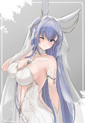 Rule 34 | 1girl, animal ears, azur lane, backless dress, backless outfit, blue eyes, blush, breasts, bridal veil, clothing cutout, collarbone, commentary, dress, elbow gloves, fake animal ears, gloves, highres, large breasts, long hair, new jersey (azur lane), new jersey (snow-white ceremony) (azur lane), one eye closed, solo, stomach cutout, uniazi mikan, upper body, veil, white dress, white gloves