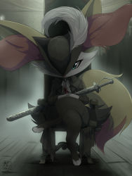 Rule 34 | 1girl, absurdres, animal ear fluff, animal ears, animal feet, animal nose, artist name, ascot, backlighting, black coat, black hat, black thighhighs, blood on clothes, bloodborne, blue eyes, blue gemstone, body fur, braixen, brooch, chair, clothed pokemon, coat, cosplay, creatures (company), crossed legs, dated, deviantart username, eryz, female focus, flat chest, fog, fox ears, fox girl, fox tail, full body, furry, furry female, game freak, gem, gen 6 pokemon, hat, hat feather, highres, holding, holding sword, holding weapon, indoors, jewelry, lady maria of the astral clocktower, lady maria of the astral clocktower (cosplay), long sleeves, looking at viewer, nintendo, one eye covered, open clothes, open coat, own hands together, pokemon, pokemon (creature), sheath, sheathed, signature, sitting, solo, straight-on, sword, tail, thick thighs, thighhighs, thighs, toeless legwear, torn ascot, torn clothes, tricorne, twitter username, weapon, white ascot, white fur, wide hips