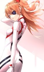 Rule 34 | 1girl, arms behind back, artist request, ass, blue eyes, bodysuit, breasts, evangelion: 3.0+1.0 thrice upon a time, eyepatch, floating hair, hair between eyes, highres, interface headset, long hair, looking at viewer, looking back, medium breasts, neon genesis evangelion, orange hair, plugsuit, rebuild of evangelion, shiny clothes, shiny skin, simple background, skin tight, solo, souryuu asuka langley, thighs, twintails, two side up, white background, white bodysuit