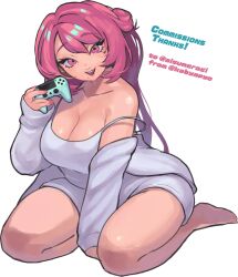 Rule 34 | 1girl, barefoot, breasts, cleavage, collarbone, commission, controller, grey shorts, head tilt, highres, holding, holding controller, indie virtual youtuber, kabiyapyo, kneeling, large breasts, long hair, looking at viewer, mole, mole under eye, pink eyes, playstation controller, shorts, simple background, sleeves past wrists, smile, solo, sumeragi ai, twitter username, very long hair, virtual youtuber, white background
