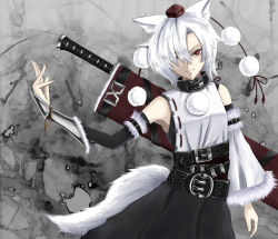 Rule 34 | 1girl, alternate weapon, animal ears, asymmetrical clothes, bare shoulders, belt, collar, detached sleeves, embellished costume, female focus, gauntlets, hair over one eye, hiba (p-p-purin), inubashiri momiji, red eyes, sheath, sheathed, short hair, silver hair, solo, sword, tail, touhou, weapon, wolf ears, wolf tail
