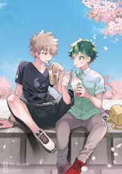 2boys bakugou_katsuki black_shirt black_shorts blonde_hair blush boku_no_hero_academia brown_pants cherry_blossoms cup disposable_cup freckles green_eyes green_hair green_shirt highres holding holding_cup male_focus midoriya_izuku multiple_boys pants red_eyes red_footwear shirt shoes short_hair shorts sneakers spiked_hair ume_(326310)