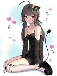 Rule 34 | 1girl, ahoge, artist name, bandaid on thigh, bare shoulders, black dress, black footwear, black nails, blunt bangs, breasts, brown hair, butterfly hair ornament, cable, collarbone, cursor, detached sleeves, dress, electric plug, expressionless, fingernails, hair ornament, heart, highres, long hair, looking past viewer, mole, mole on breast, mole under eye, original, platform footwear, red eyes, ringed eyes, sitting, small breasts, socks, spaghetti strap, thighs, twintails, vickie (cryingrobot), vickie (cryingrobot) (character), wariza, white socks