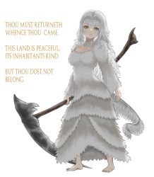 Rule 34 | 1girl, absurdres, barefoot, dark souls (series), dark souls i, dragon girl, english text, full body, fur, green eyes, highres, holding, holding scythe, long hair, looking at viewer, plant-new-art, priscilla the crossbreed, scales, scythe, solo, tail, white fur, white hair