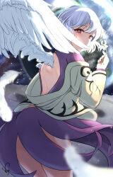 1girl back back_cutout clothing_cutout covered_mouth cowboy_shot dress earth_(planet) egret_orchid falling_feathers feathered_wings feathers flower grey_jacket highres holding holding_flower jacket jacket_partially_removed kishin_sagume looking_at_viewer looking_back moon on_moon planet purple_dress red_eyes single_wing sky solo space standing star_(sky) starry_sky thighs touhou white_flower white_hair white_wings wings yuwayuwano0909